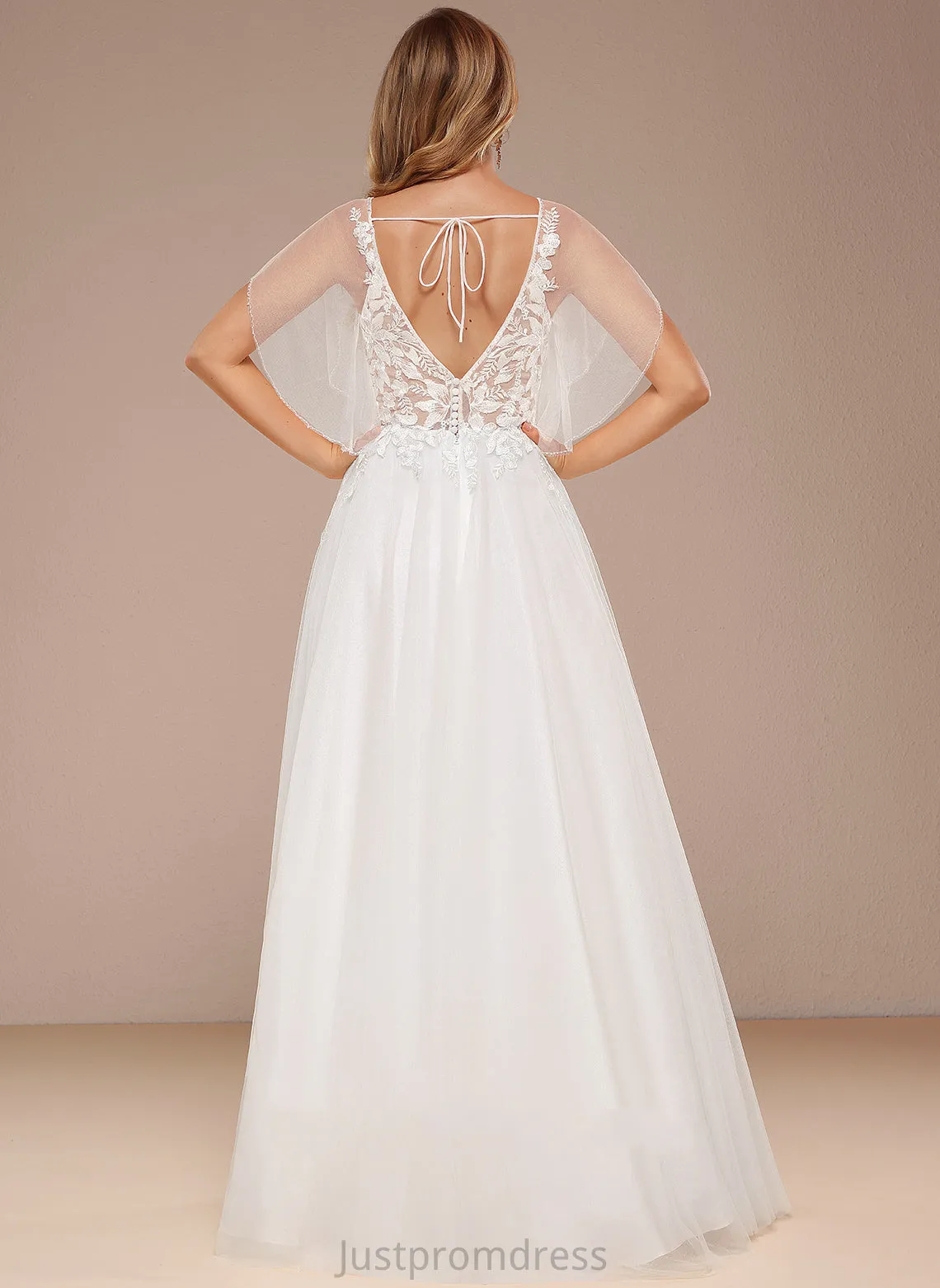 Floor-Length With Wedding Dresses Sequins V-neck Lace Wedding Kenna Ruffle Tulle Dress A-Line