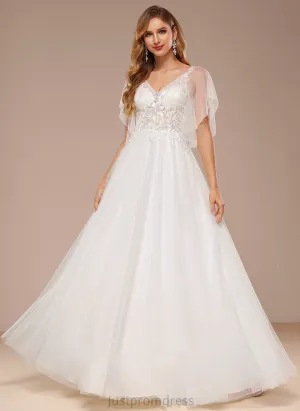 Floor-Length With Wedding Dresses Sequins V-neck Lace Wedding Kenna Ruffle Tulle Dress A-Line