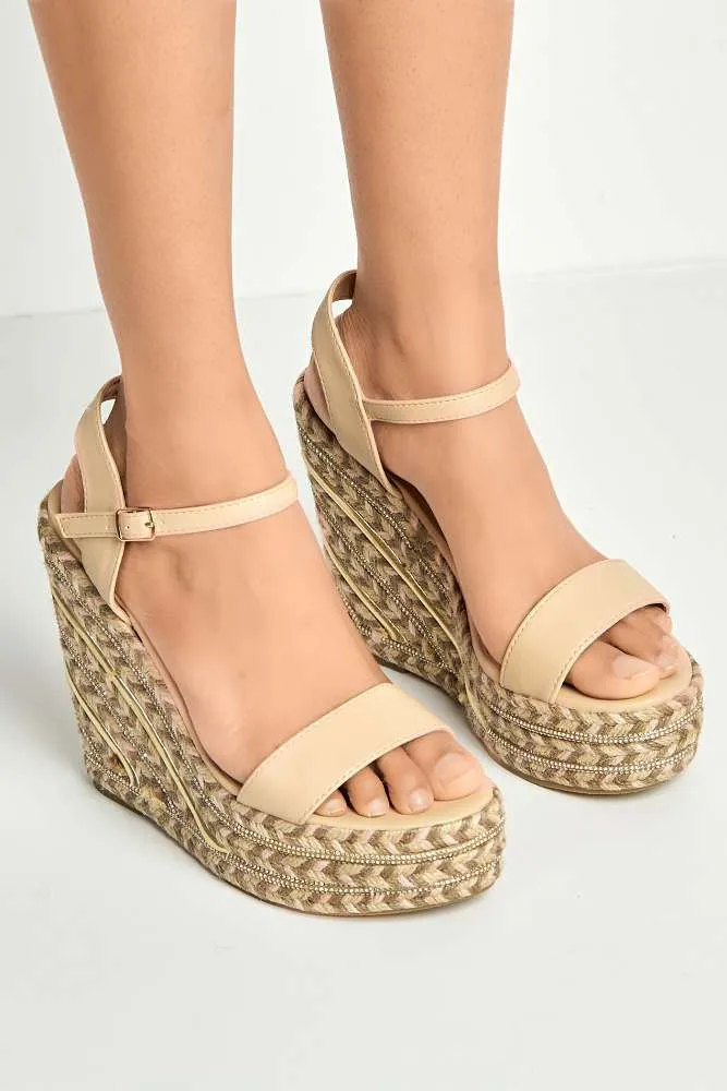 Imani Diamante Detailed Anklestrap Wedges in Nude
