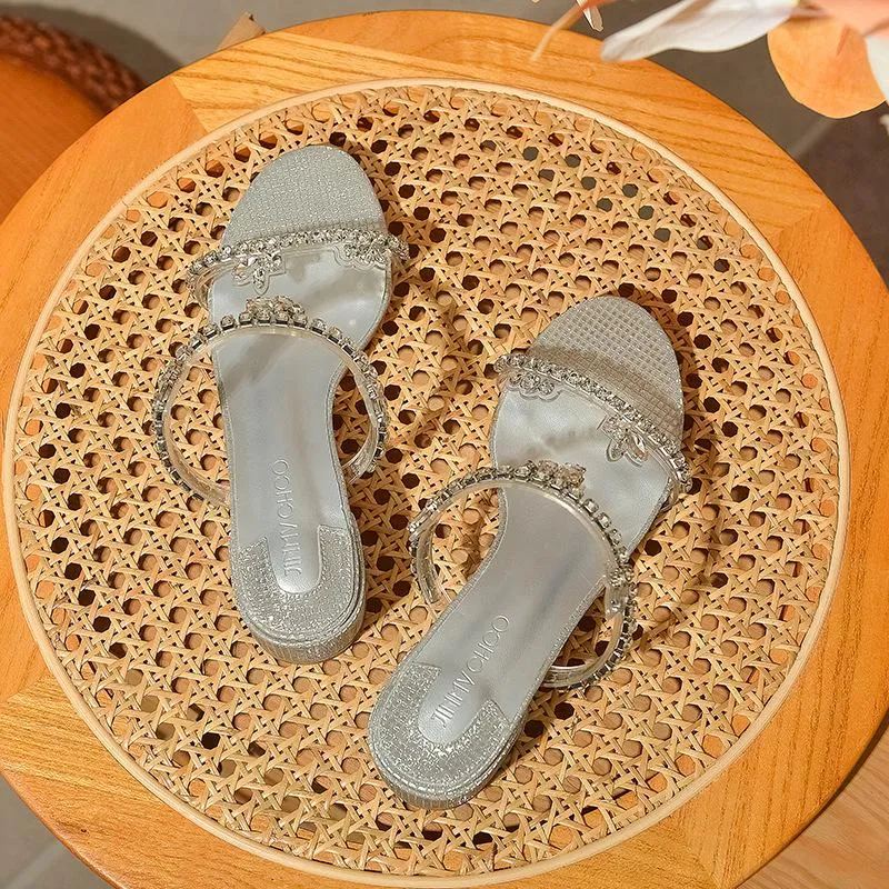 Silver fashion all-match chunky heel comfortable slippers