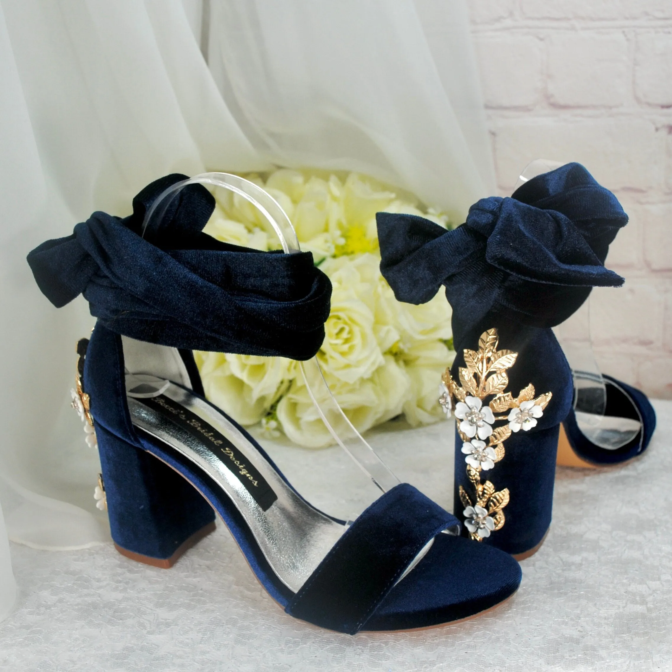Velvet Block Heels with Cherry Blossom